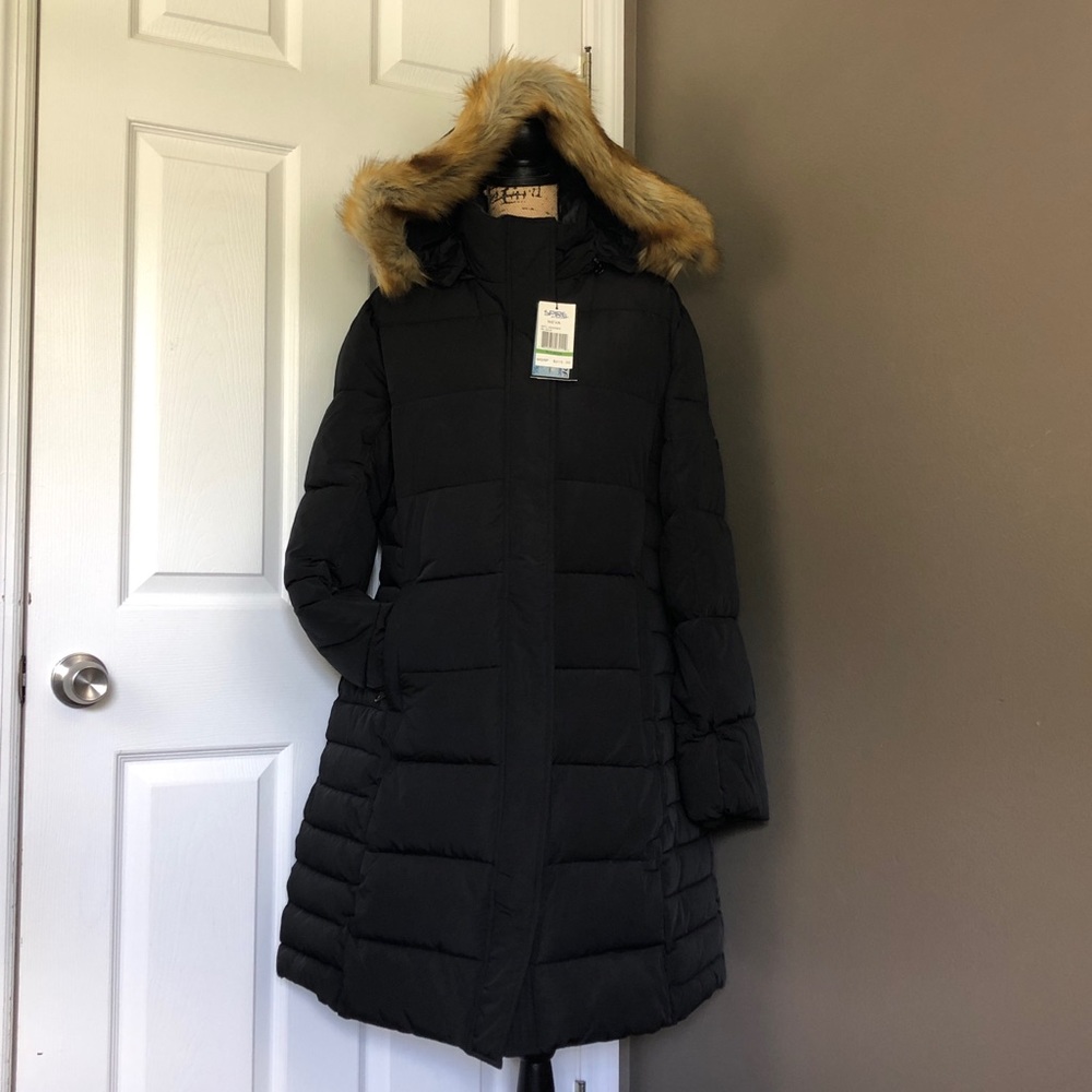 Long Black Puffy Coat Faux Fir Trimmed Hood Neva